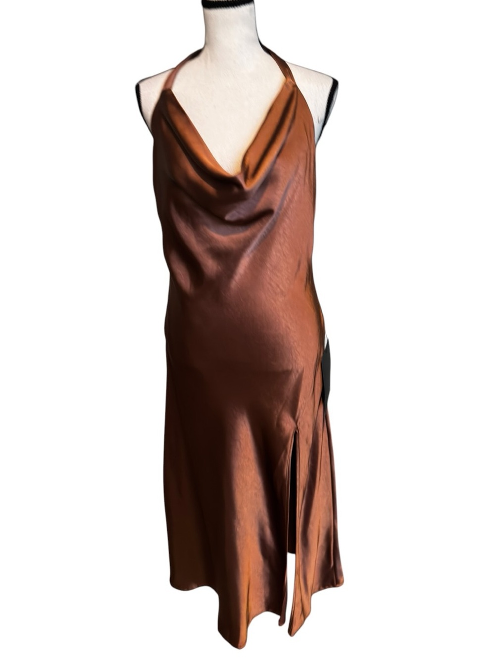 Lulus Sophisticated Impression Brown Satin Backless Cowl Midi Dress NWT –Size M - Picture 9 of 12